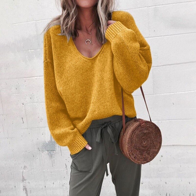 Women's Loose V-Neck Knit Pullover Sweater | Polyester Fabric | Comfortable Fit