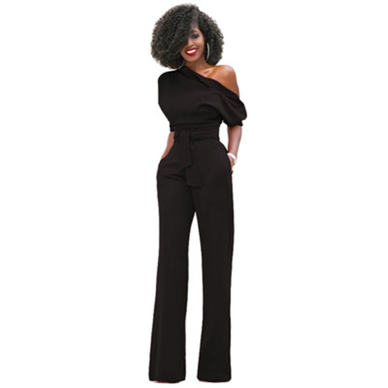 Women’s One-Shoulder Belted Wide-Leg Jumpsuit | Acrylic Fabric | Waist Tie Belt | Comfortable Fit