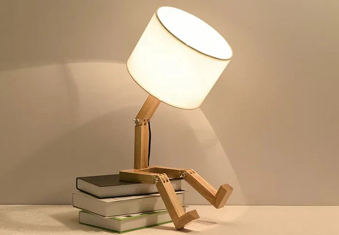 Playful Wooden Robot Lamp with Adjustable Features