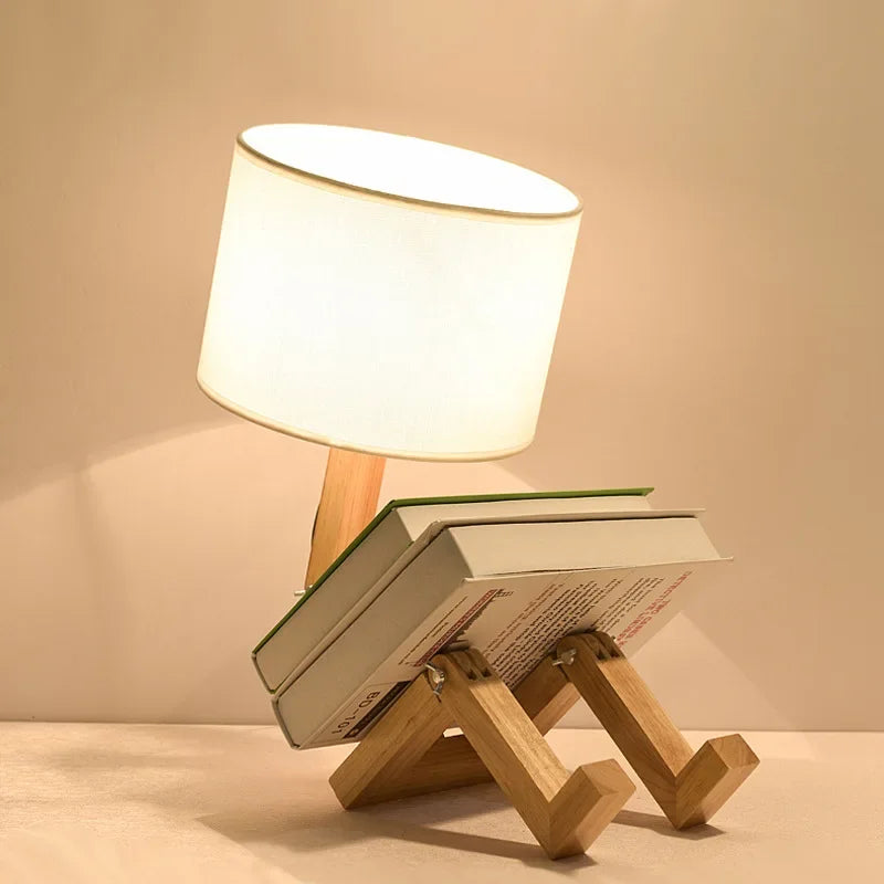 Playful Wooden Robot Lamp with Adjustable Features